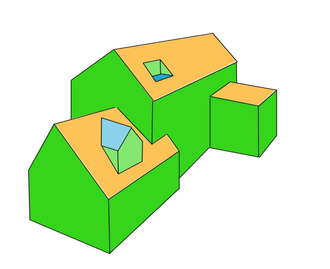 Illustrasjon av en ferdig bygd 3D-modell basert på FKB-Bygning data